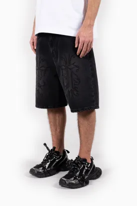 KNEE EMBROIDERY BLACK WASHED DENIM SHORTS