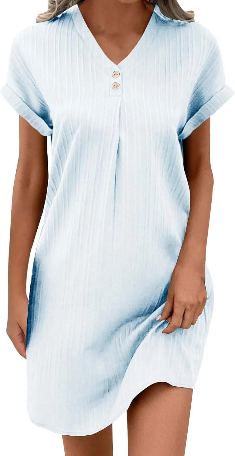 Linen Cotton Dress for Women Button V Neck Midi Dress Short Sleeve Dressy Casual Loose Fit Work T Shirt Dresses