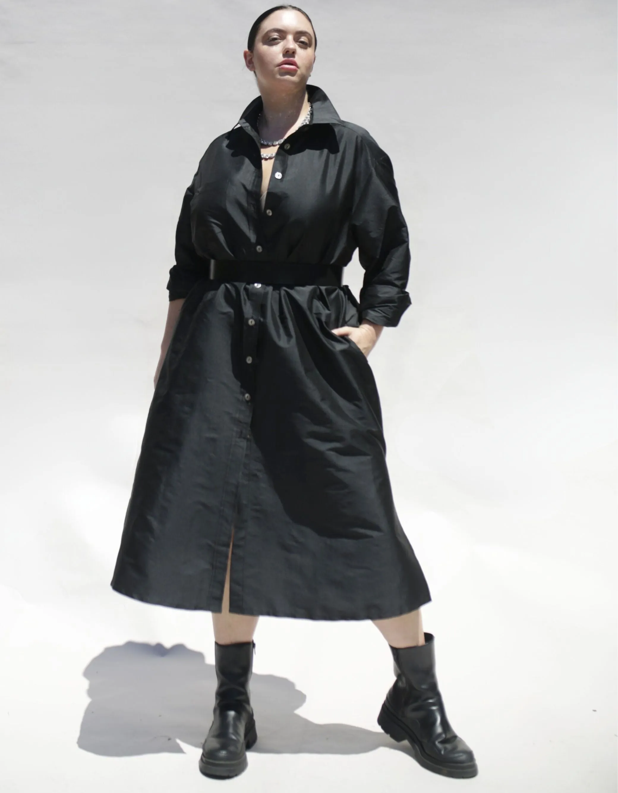 Long Dupioni Shirtdress in Black
