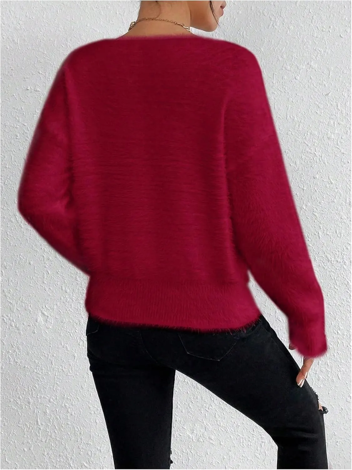 MakeMeChic Women's Fuzzy Sweater V Neck Long Sleeve Drop Shoulder Pullover Sweater