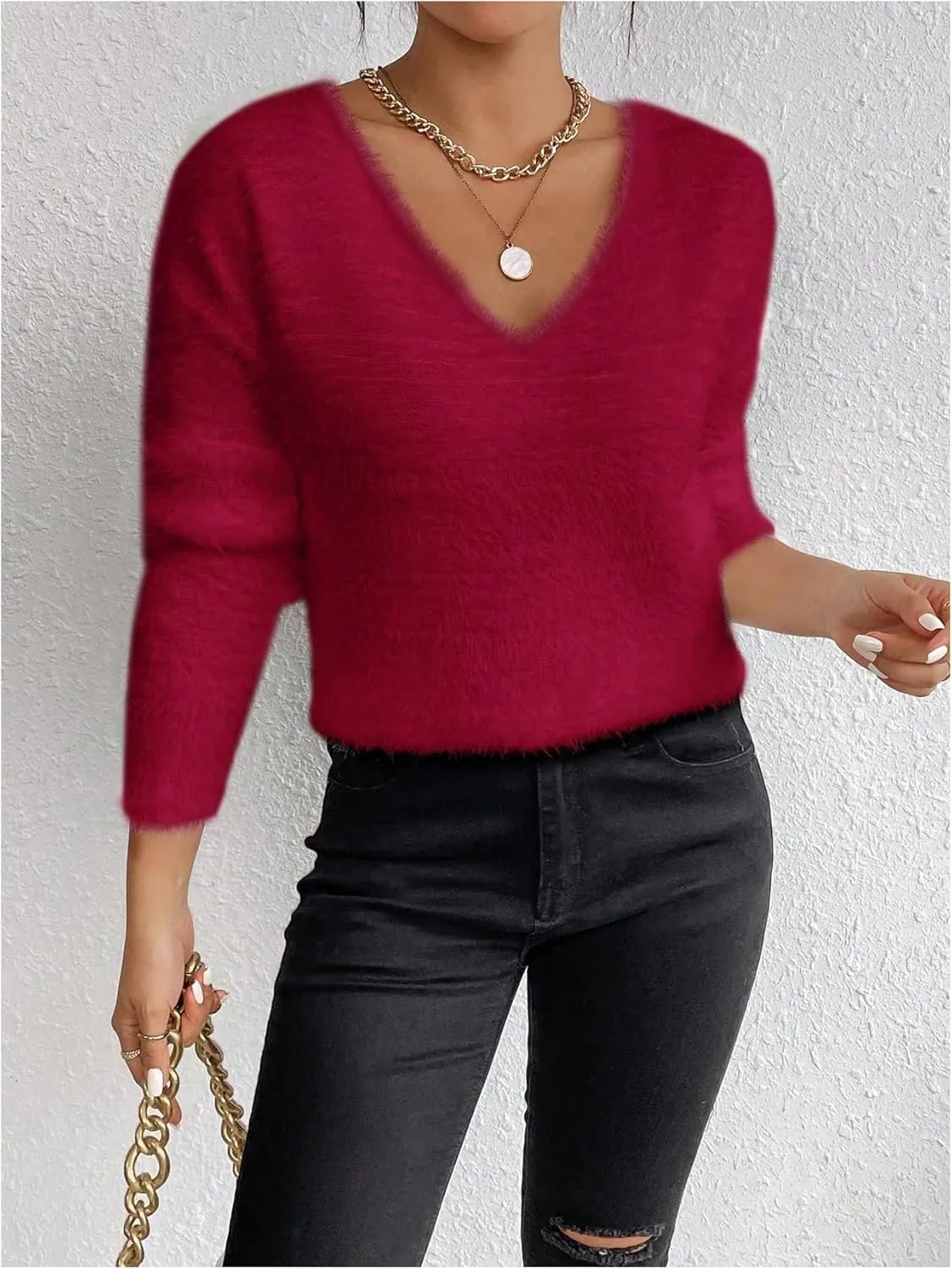MakeMeChic Women's Fuzzy Sweater V Neck Long Sleeve Drop Shoulder Pullover Sweater