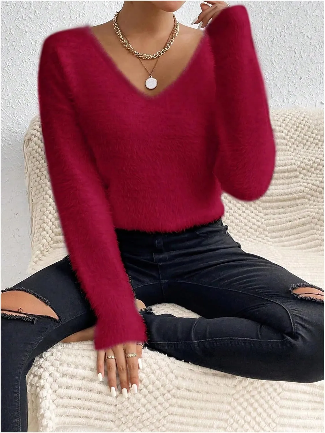 MakeMeChic Women's Fuzzy Sweater V Neck Long Sleeve Drop Shoulder Pullover Sweater