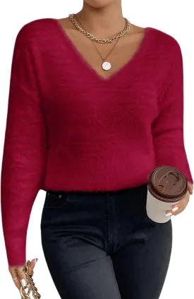 MakeMeChic Women's Fuzzy Sweater V Neck Long Sleeve Drop Shoulder Pullover Sweater