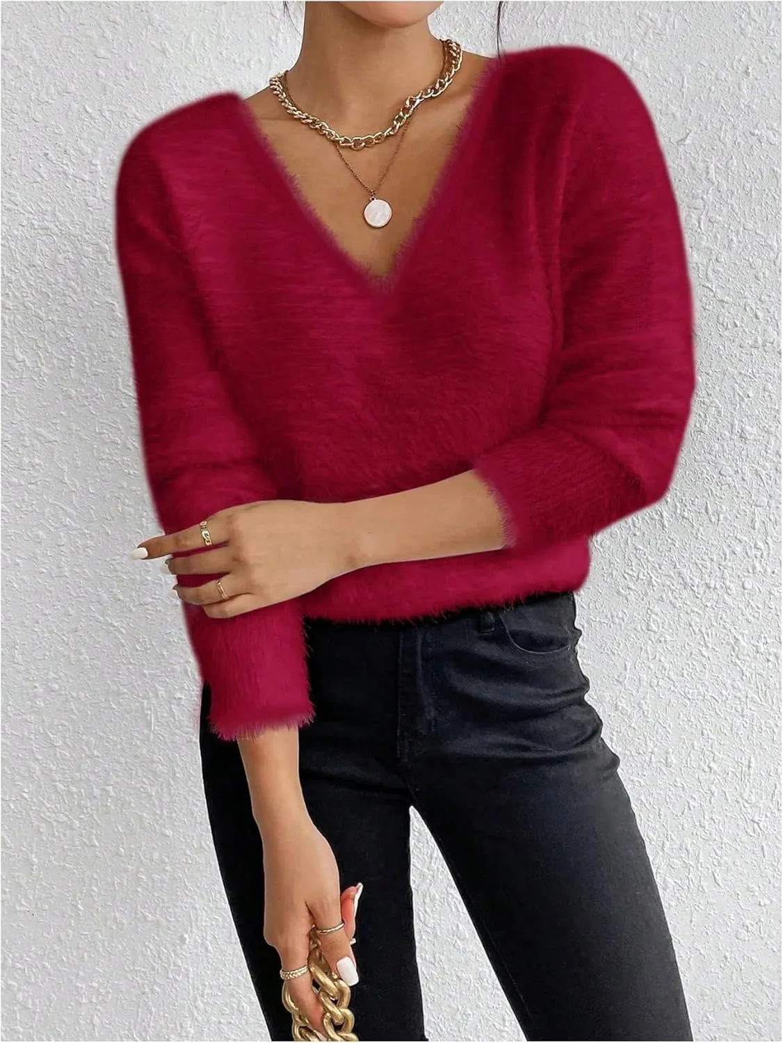 MakeMeChic Women's Fuzzy Sweater V Neck Long Sleeve Drop Shoulder Pullover Sweater