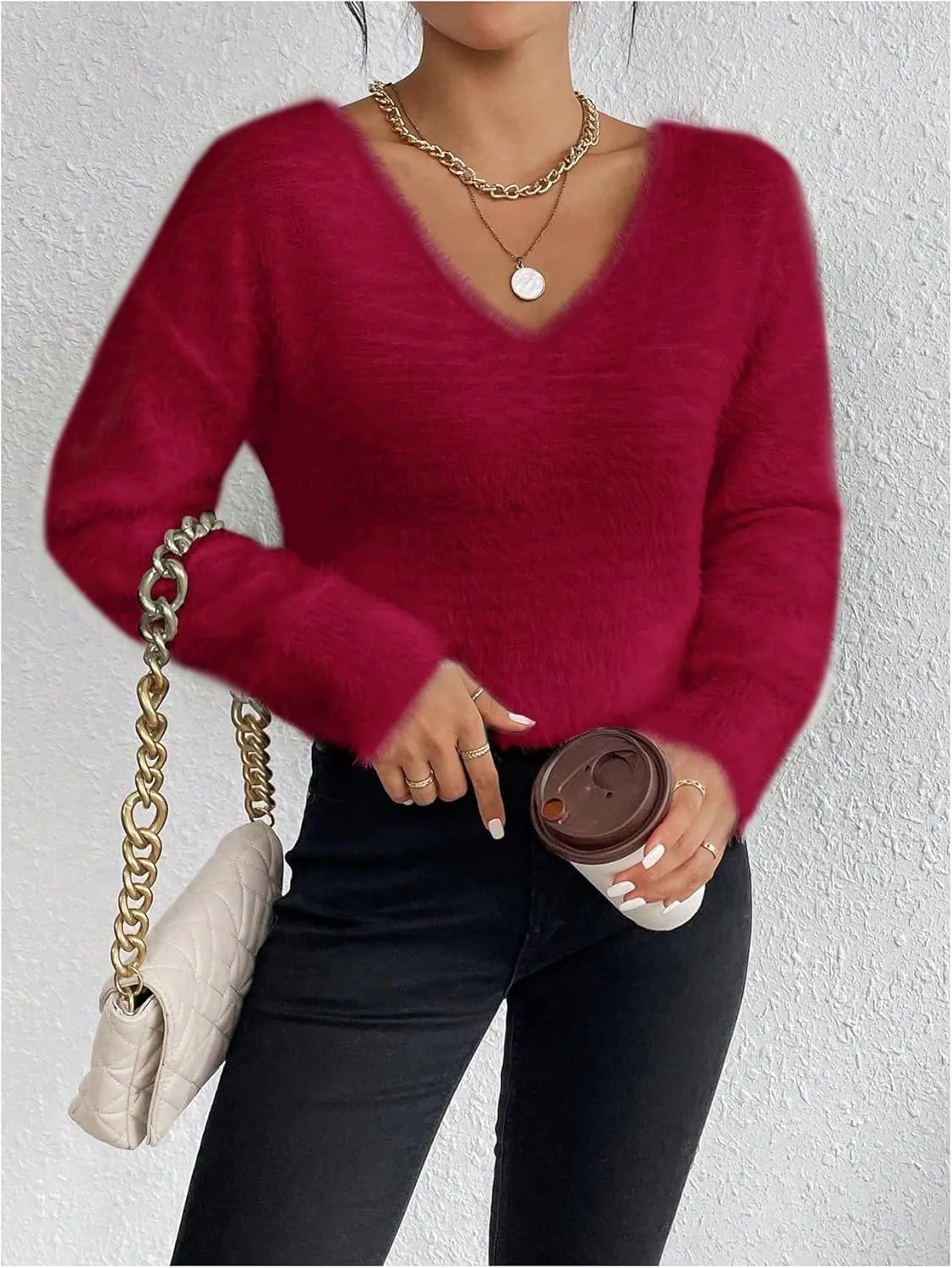MakeMeChic Women's Fuzzy Sweater V Neck Long Sleeve Drop Shoulder Pullover Sweater