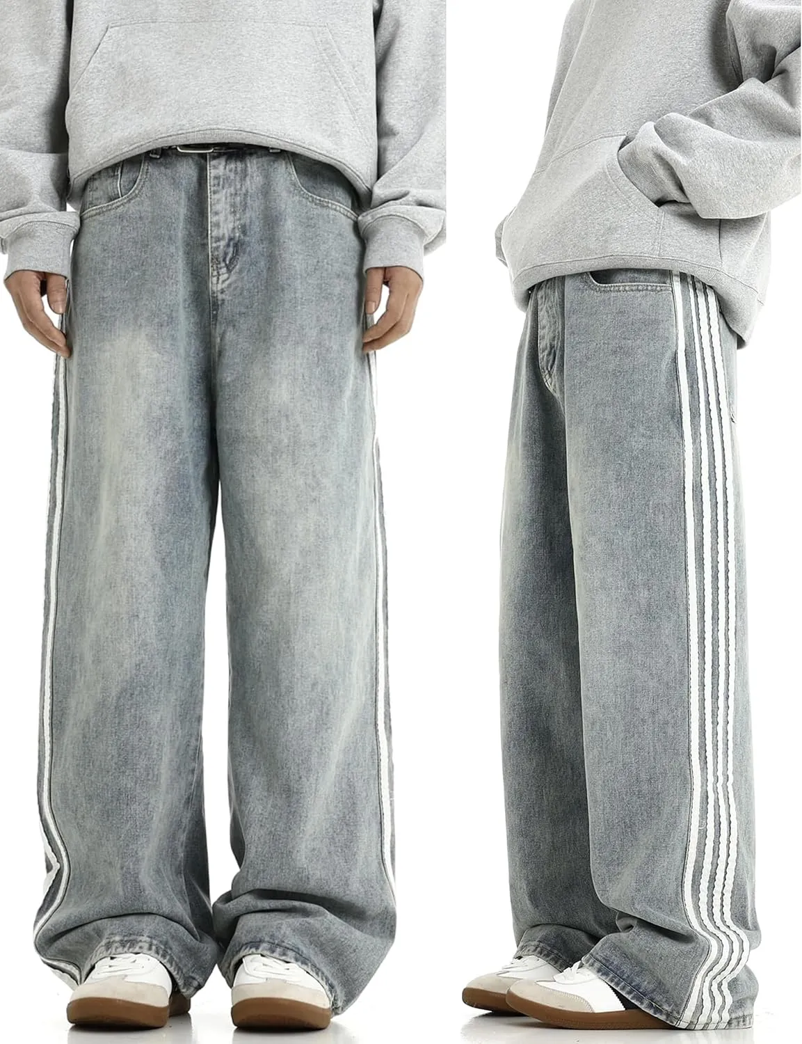 Mens Baggy Denim Jeans Casual Striped Pants Straight Wide Leg Jeans Oversized Hip Hop Pants Vintage Skater Track Jeans