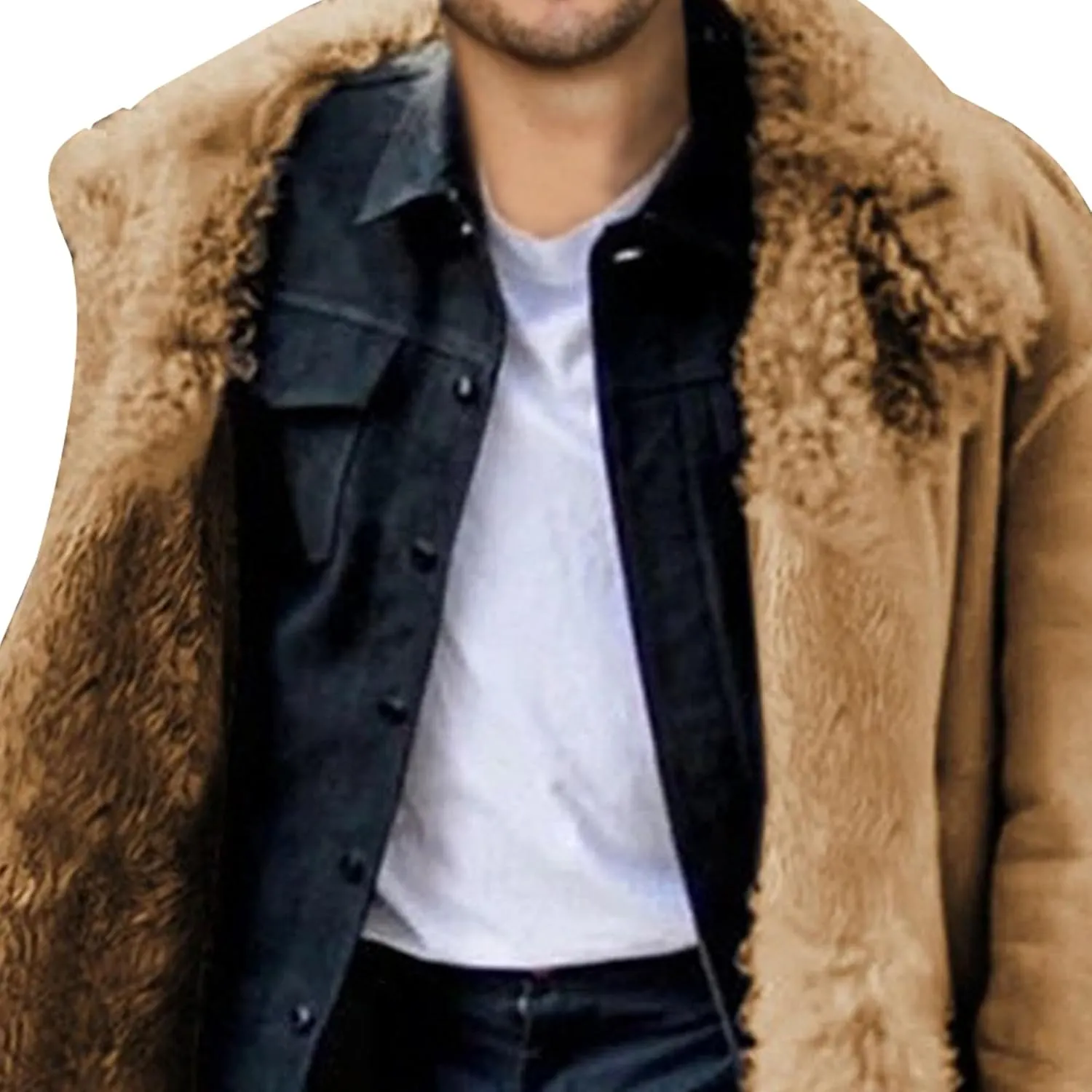 Men's Faux Fur Warm Lapel Overcoat Thicken Soft Snow Shaggy Outerwear Long Sherpa Fleece Lined Trench Coat