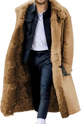 Men's Faux Fur Warm Lapel Overcoat Thicken Soft Snow Shaggy Outerwear Long Sherpa Fleece Lined Trench Coat