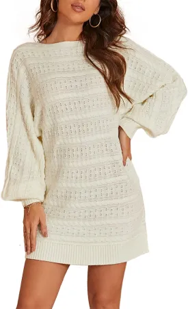 Miessial Women's Loose Oversized Cable Knit Sweater Mini Dress Casual Crewneck Long Sleeve Pullover Sweater Dress