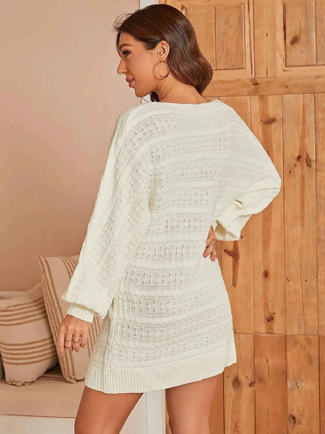 Miessial Women's Loose Oversized Cable Knit Sweater Mini Dress Casual Crewneck Long Sleeve Pullover Sweater Dress