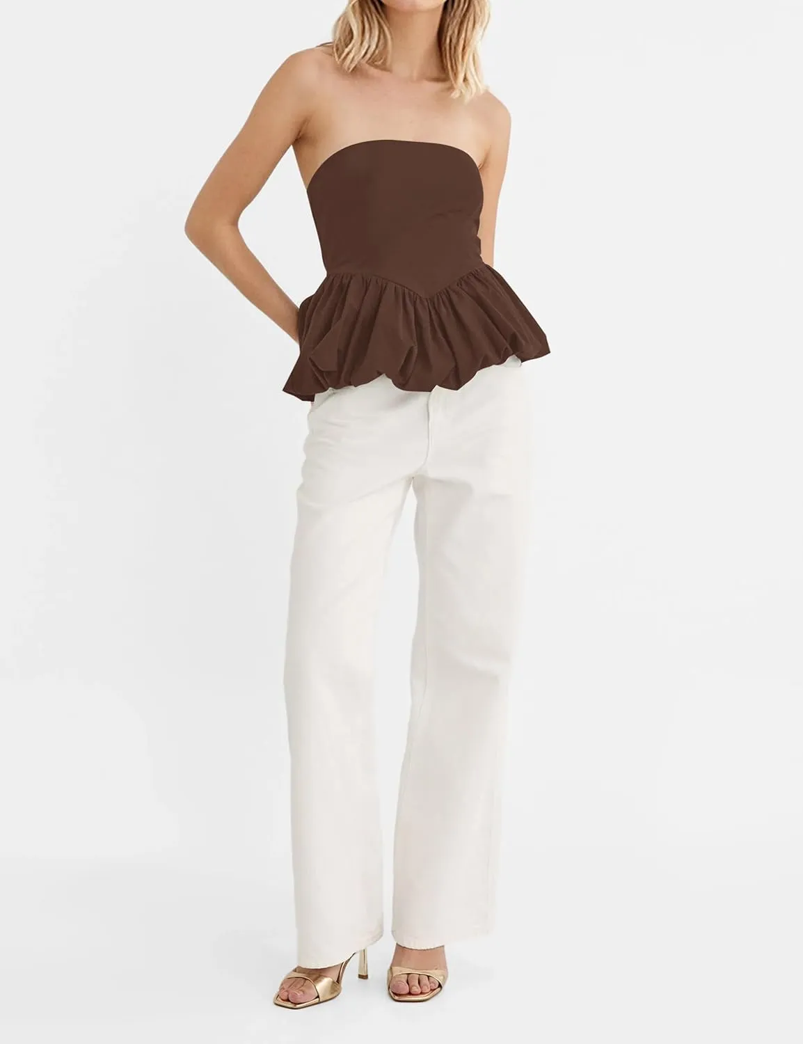 MISSACTIVER Peplum Tank Top for Women Casual Bandeau Tube Top Summer Flowy Strapless Going Out Shirts Blouses