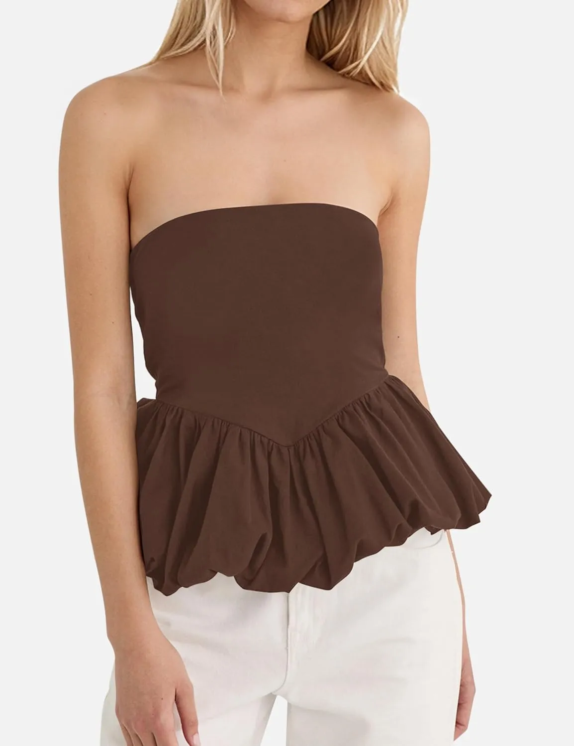 MISSACTIVER Peplum Tank Top for Women Casual Bandeau Tube Top Summer Flowy Strapless Going Out Shirts Blouses