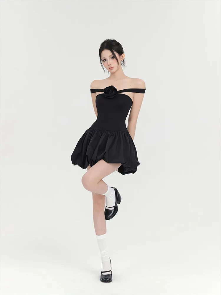 Off-Shoulder Balloon Mini Dress with Floral Accent