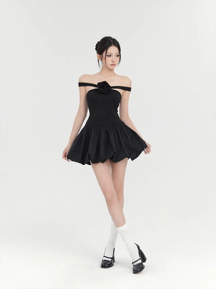 Off-Shoulder Balloon Mini Dress with Floral Accent