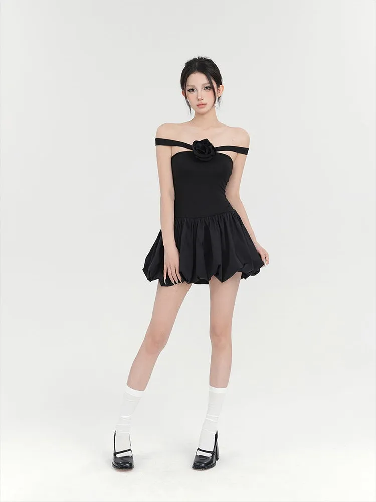 Off-Shoulder Balloon Mini Dress with Floral Accent