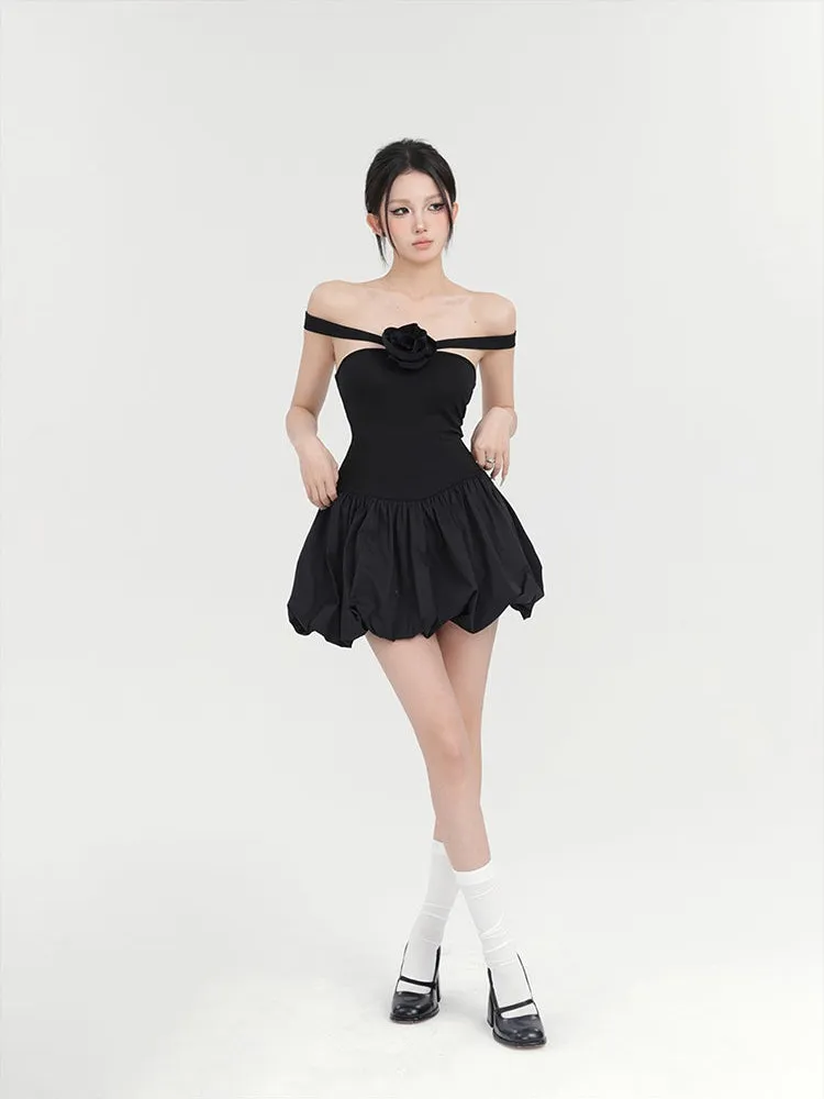 Off-Shoulder Balloon Mini Dress with Floral Accent