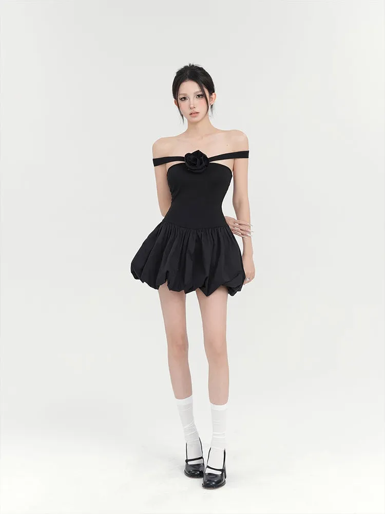 Off-Shoulder Balloon Mini Dress with Floral Accent