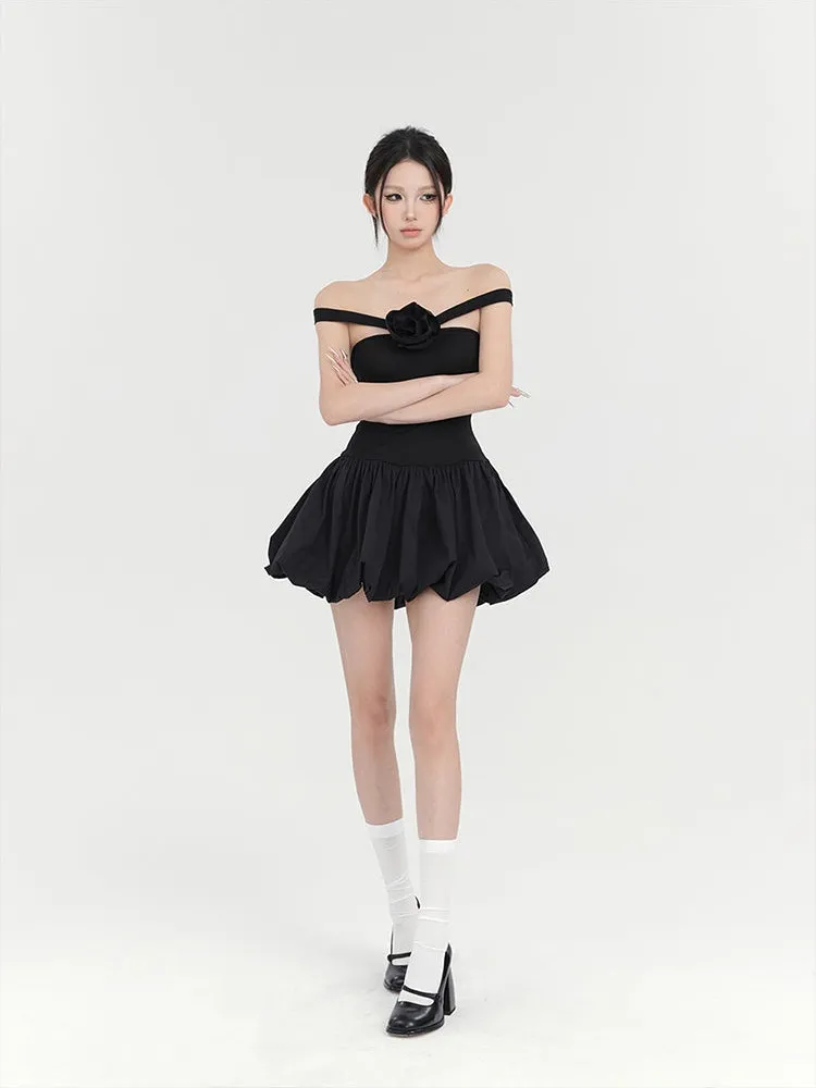 Off-Shoulder Balloon Mini Dress with Floral Accent