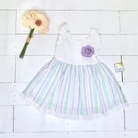 Periwinkle Dress in White Floral Embroidery Lilac Stripes