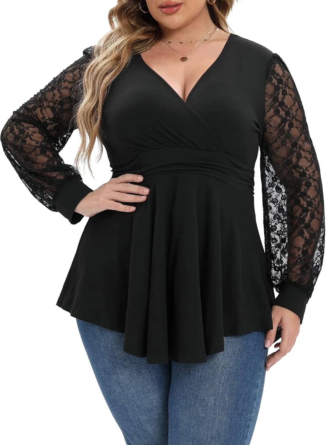 Plus Size Tops for Women Lace Long Sleeve Fall Shirts Casual Dressy Wrap V Neck Pleated Tunic Top