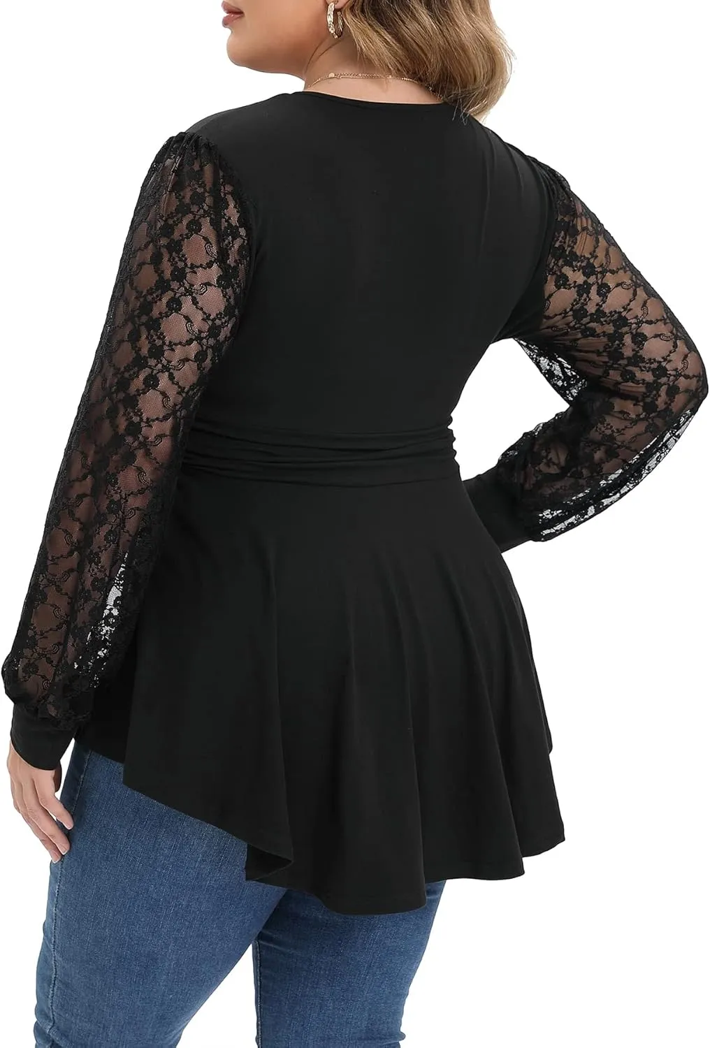 Plus Size Tops for Women Lace Long Sleeve Fall Shirts Casual Dressy Wrap V Neck Pleated Tunic Top