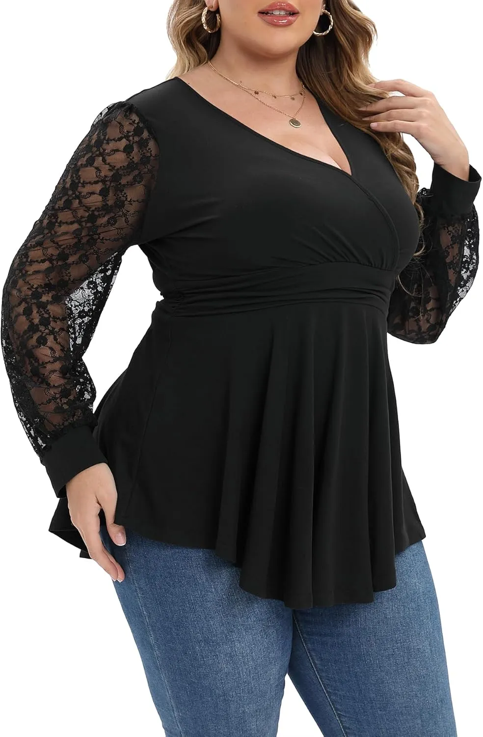 Plus Size Tops for Women Lace Long Sleeve Fall Shirts Casual Dressy Wrap V Neck Pleated Tunic Top