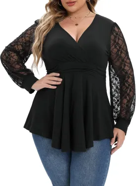 Plus Size Tops for Women Lace Long Sleeve Fall Shirts Casual Dressy Wrap V Neck Pleated Tunic Top