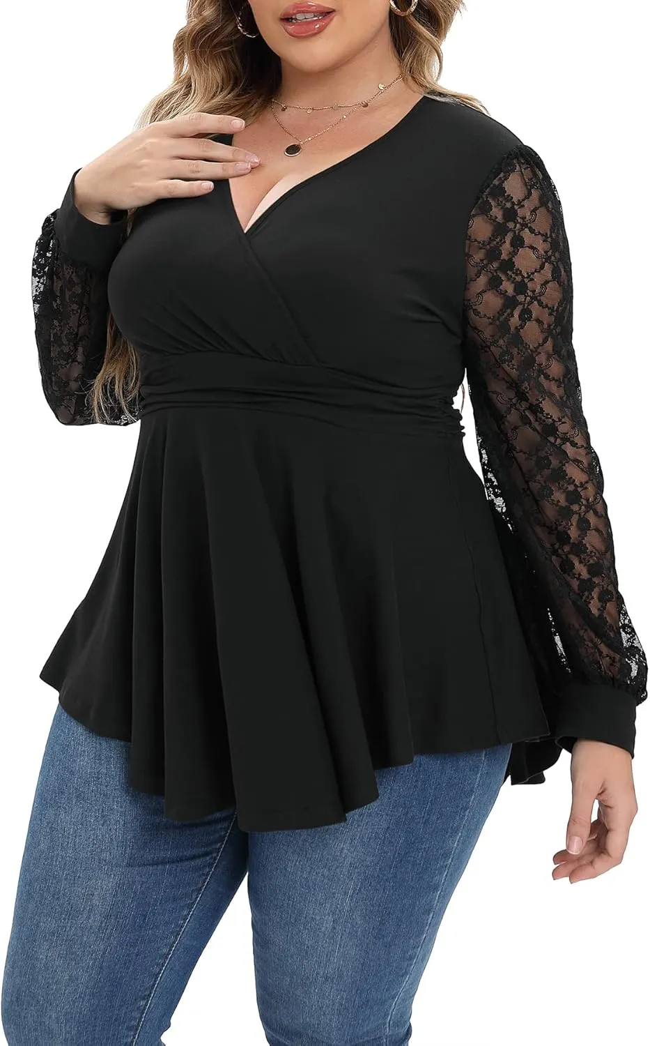 Plus Size Tops for Women Lace Long Sleeve Fall Shirts Casual Dressy Wrap V Neck Pleated Tunic Top