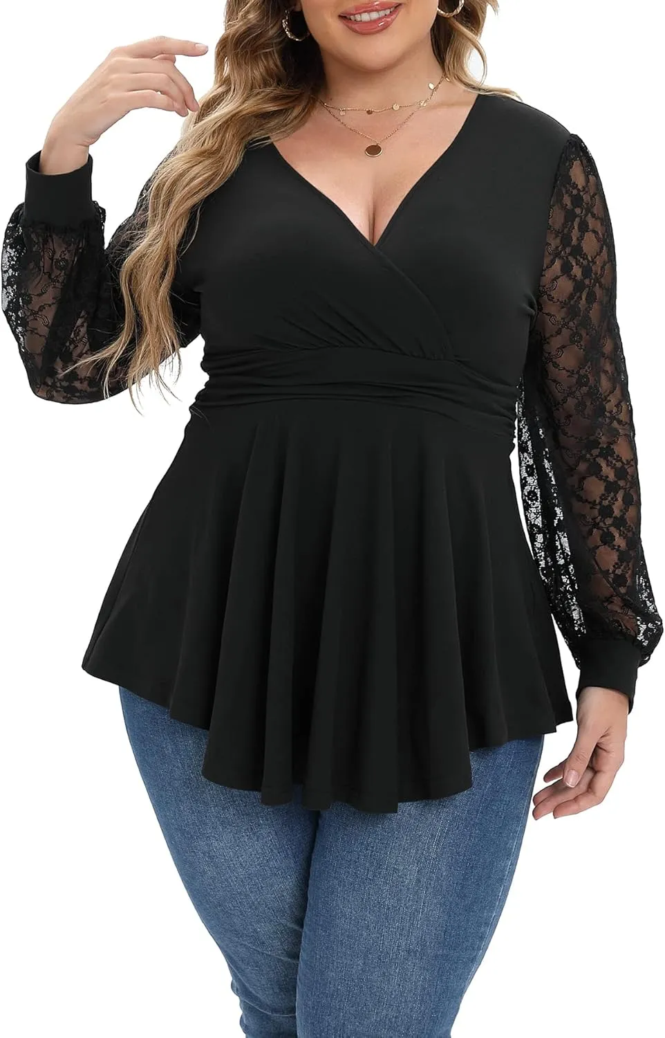 Plus Size Tops for Women Lace Long Sleeve Fall Shirts Casual Dressy Wrap V Neck Pleated Tunic Top