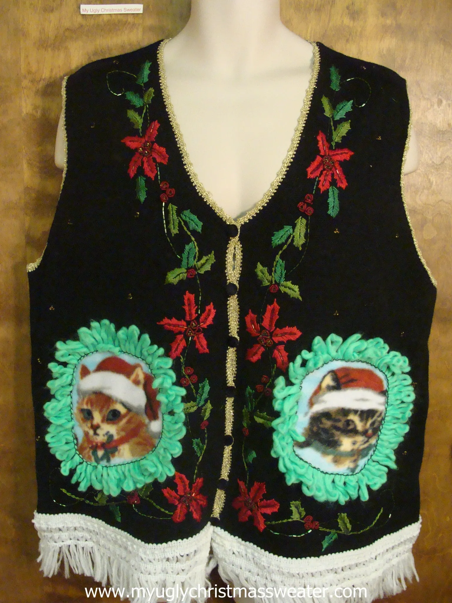 Poinsettias and Holly Berries Christmas Cat Ugly Sweater Vest