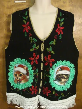 Poinsettias and Holly Berries Christmas Cat Ugly Sweater Vest