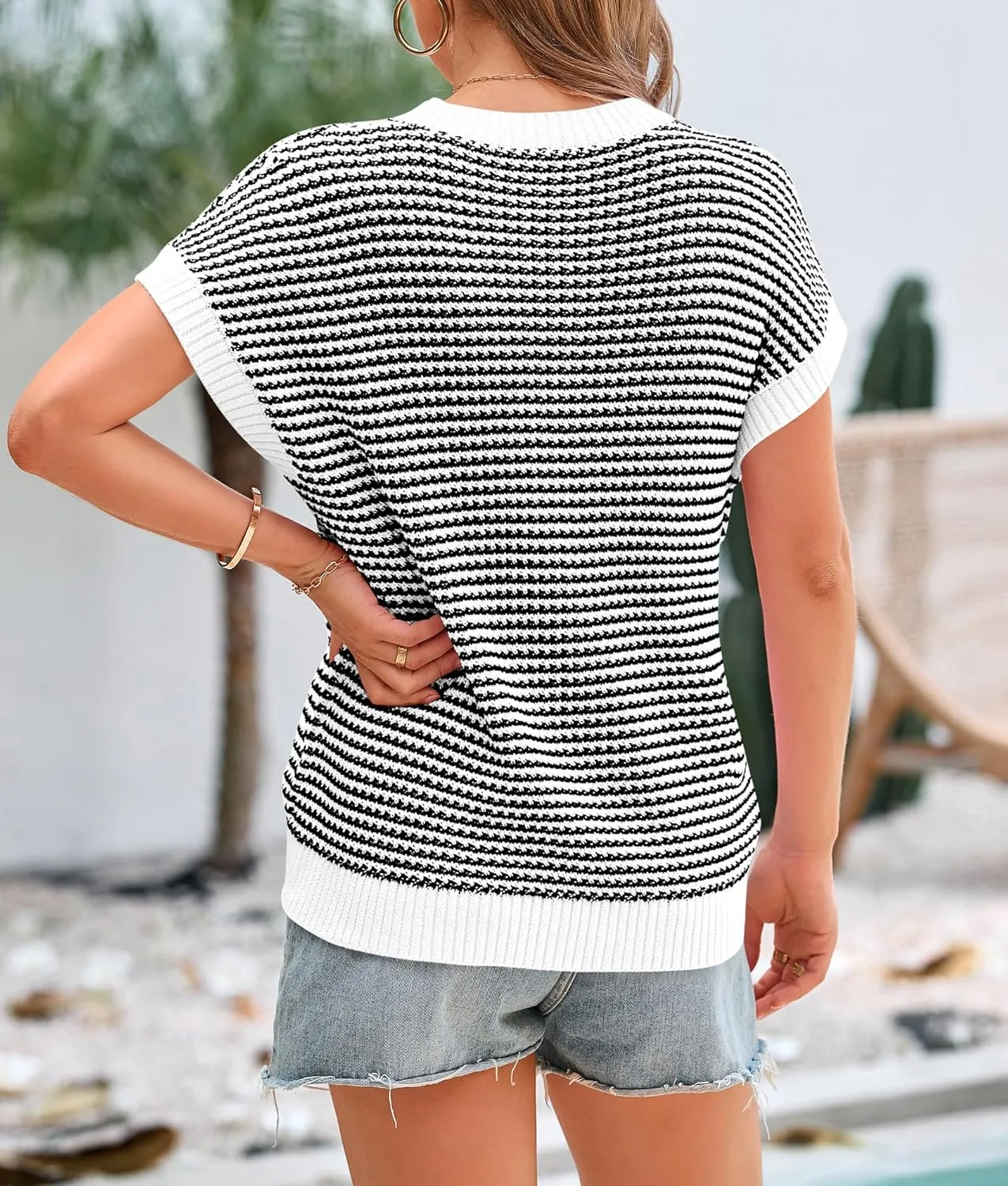 PRETTYGARDEN Womens Short Sleeve Sweater Spring Summer 2025 Round Neck Striped Pullover Cap Sleeve Knit Sweater Vest Tops
