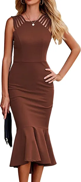 PRETTYGARDEN Women's Sleeveless Midi Bodycon Formal Dress Ruffle Mermaid Hem Elegant Cocktail Wedding Guest Midi Dresses