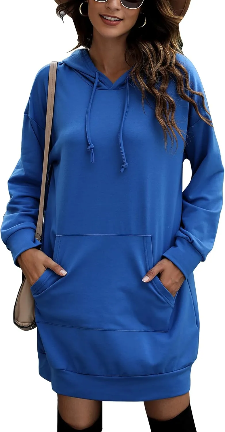 Quenteen Women Hoodies Dress Hooded Sweatshirts Dress Casual Long Sleeve Tunic Dress Oversized Sweatshirts with Pocket