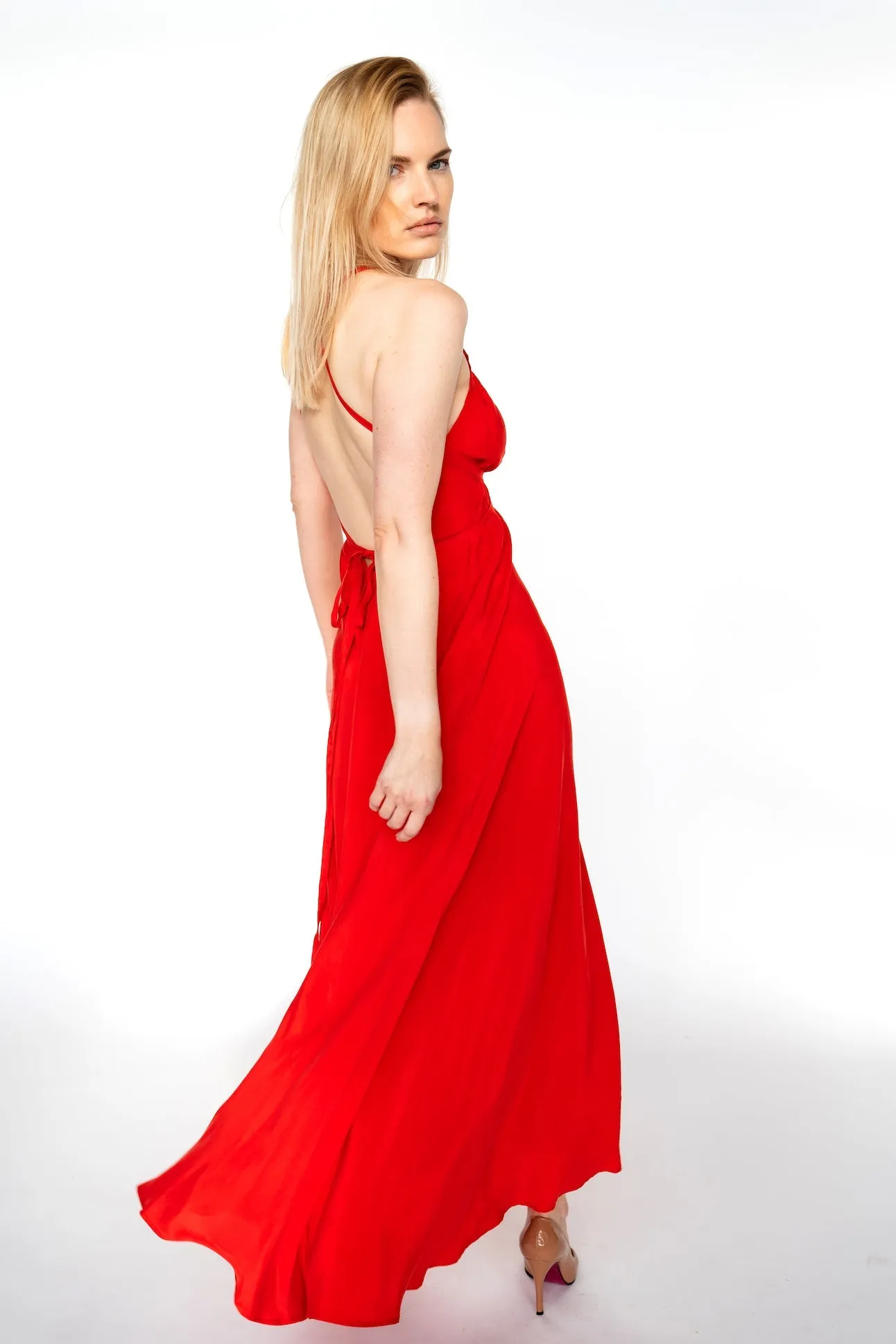 Red Cupro Silk Trapeze Dress/open Back long dress/ one size