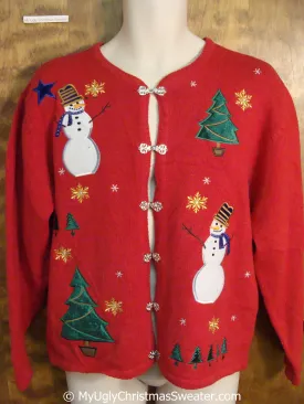 Red Tacky Christmas Sweater with Nordic Clasp Buttons