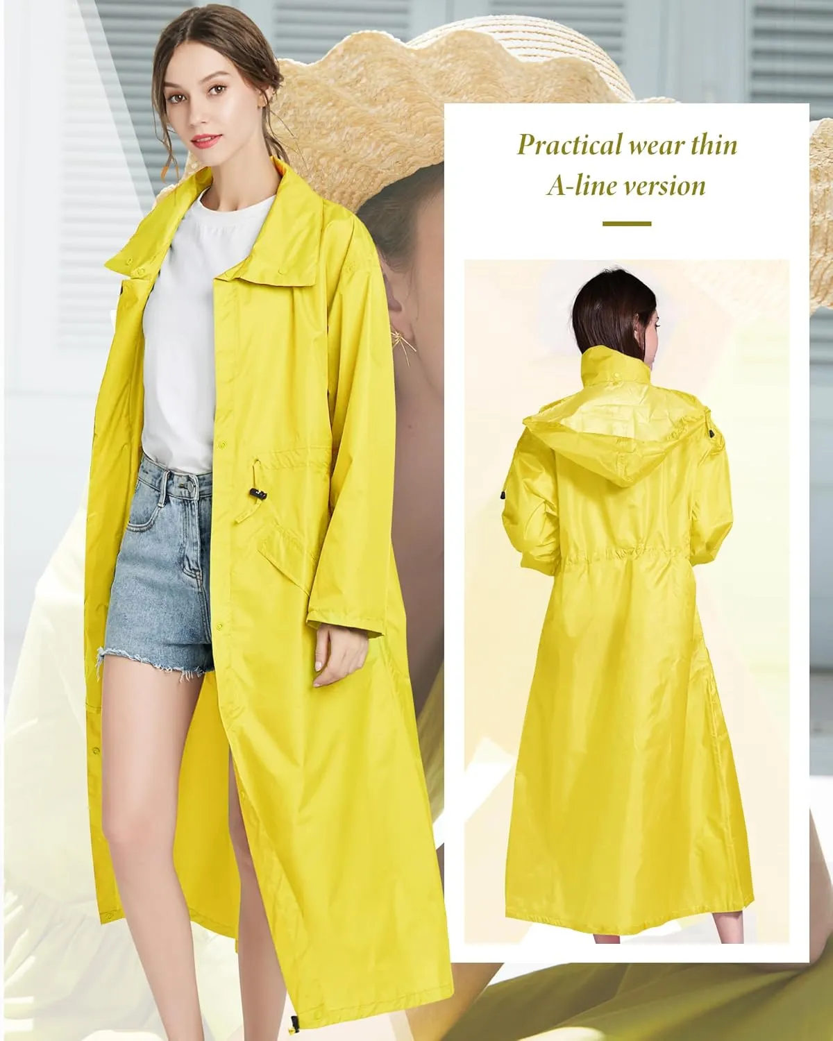 Rikuy Women's Raincoats Waterproof Lightweight Raincoat for Women with Hood Outdoor Windbreaker Rain Jacket Adjustable Waist