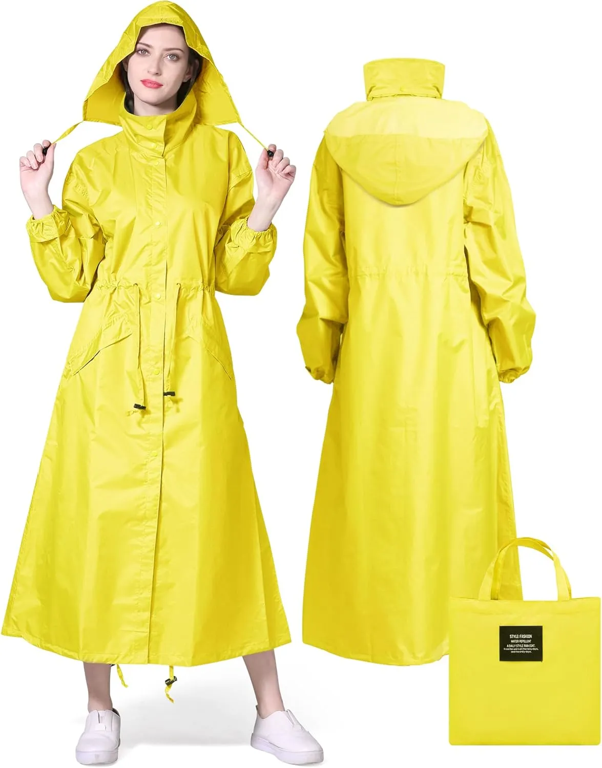 Rikuy Women's Raincoats Waterproof Lightweight Raincoat for Women with Hood Outdoor Windbreaker Rain Jacket Adjustable Waist