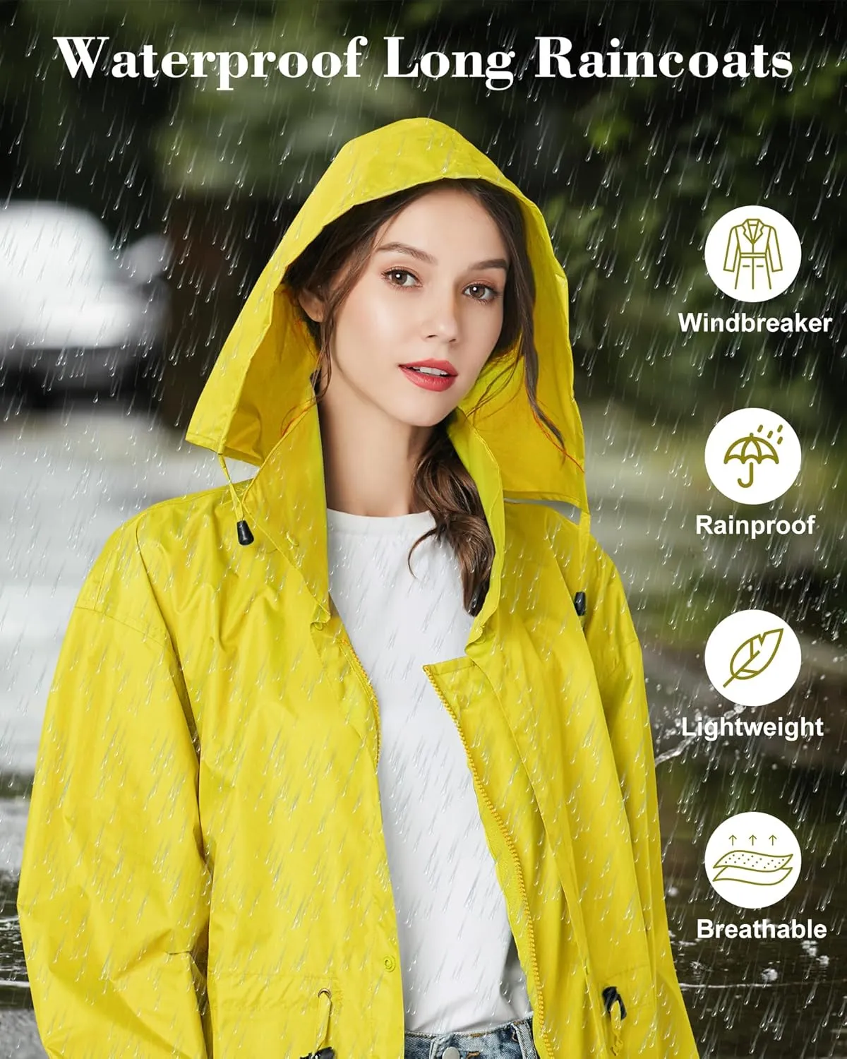 Rikuy Women's Raincoats Waterproof Lightweight Raincoat for Women with Hood Outdoor Windbreaker Rain Jacket Adjustable Waist