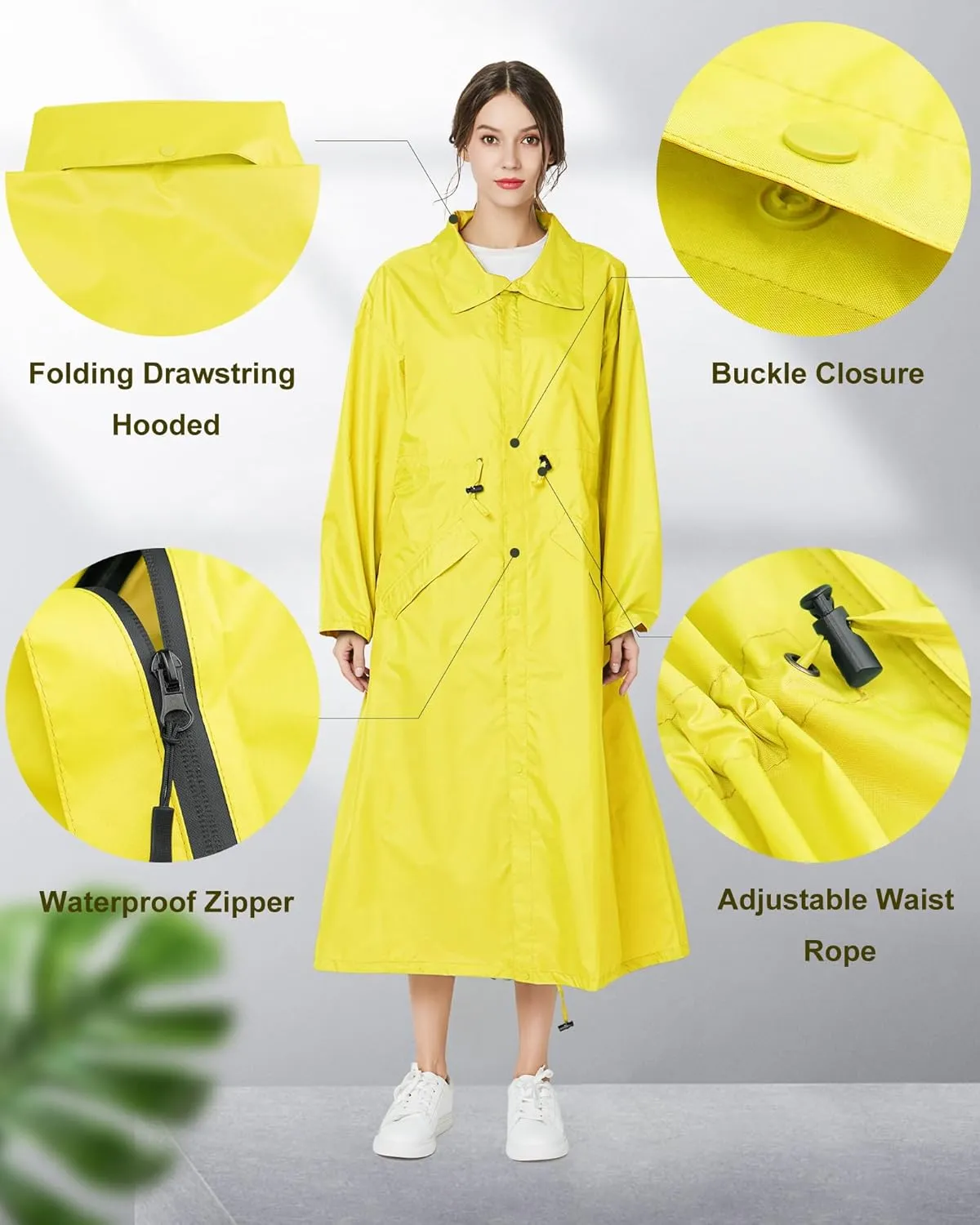 Rikuy Women's Raincoats Waterproof Lightweight Raincoat for Women with Hood Outdoor Windbreaker Rain Jacket Adjustable Waist