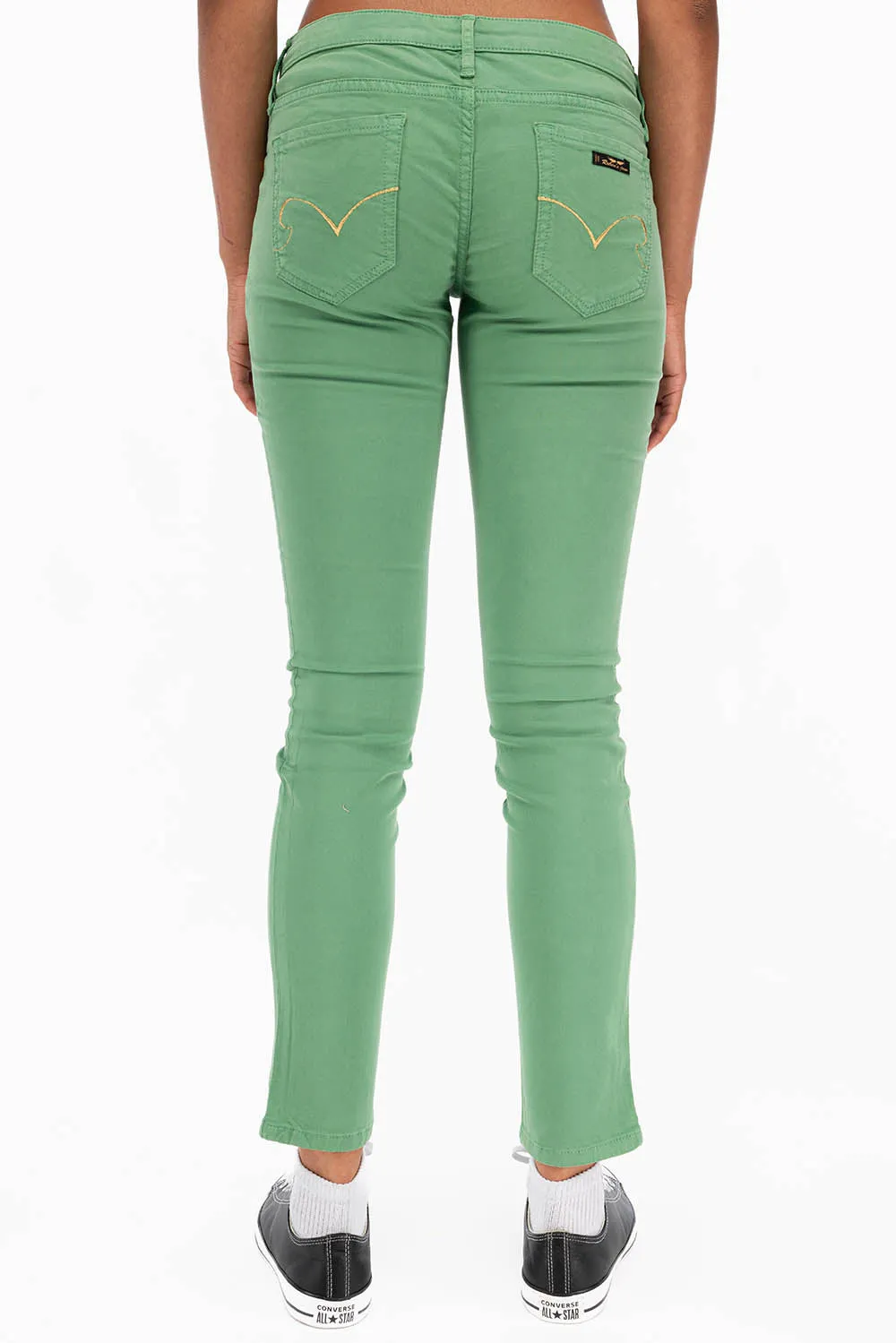 ROBIN'S NAT SKINNY LOW RISE WOMENS SKINNY JEANS IN SQUASH WITH GOLD EMBROIDERY AND LOGO