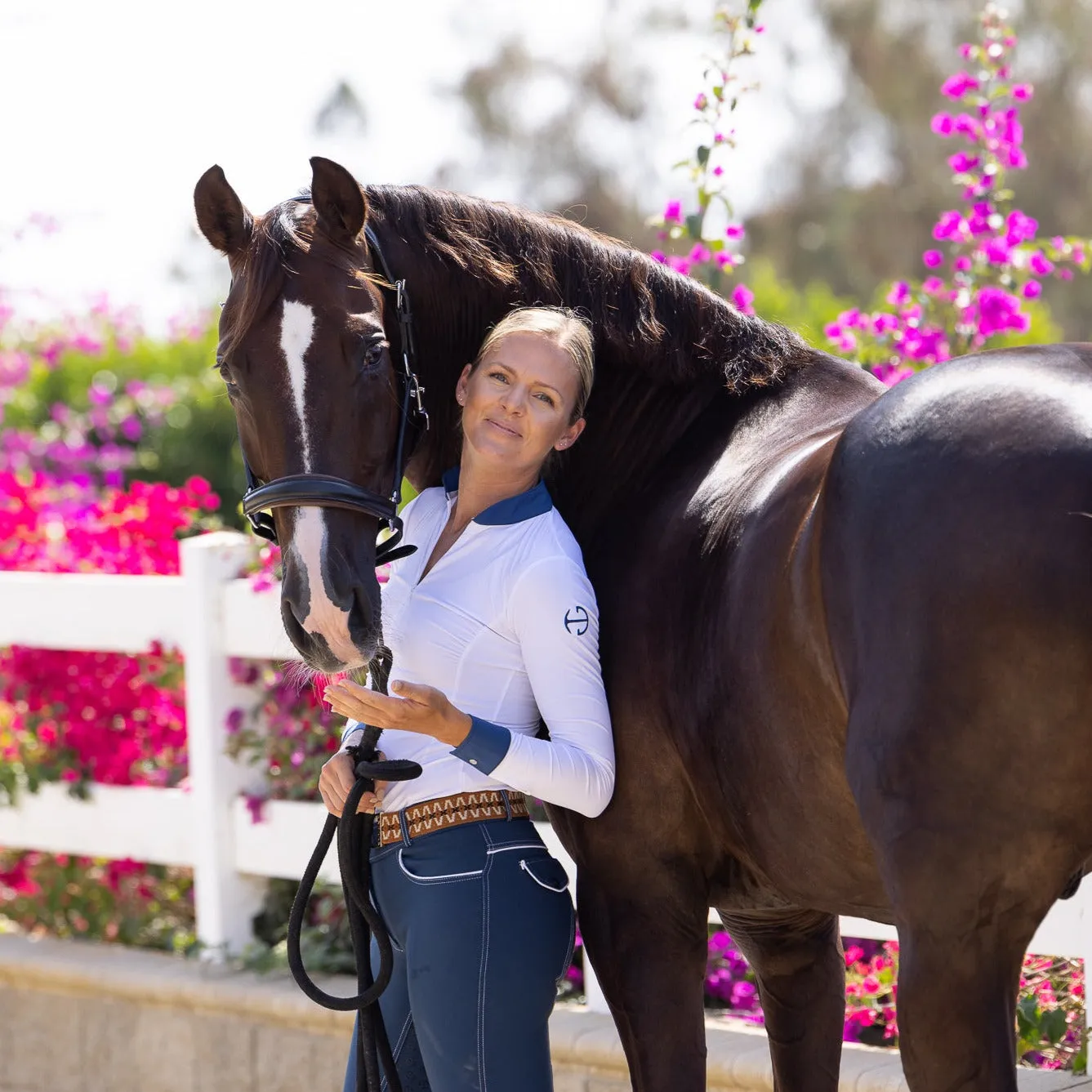 Roxana - White & Cadet Blue Long Sleeve Riding Shirt