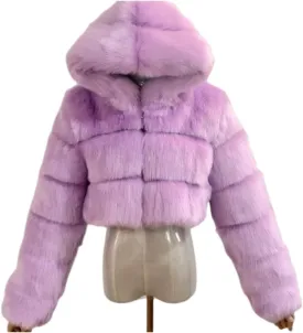 SACFOF Women's Winter Warm Jacket Faux Fur Hooded Jacket Long Sleeve Sexy Short Coat Winter Cropped Shearling Furry Overcoat