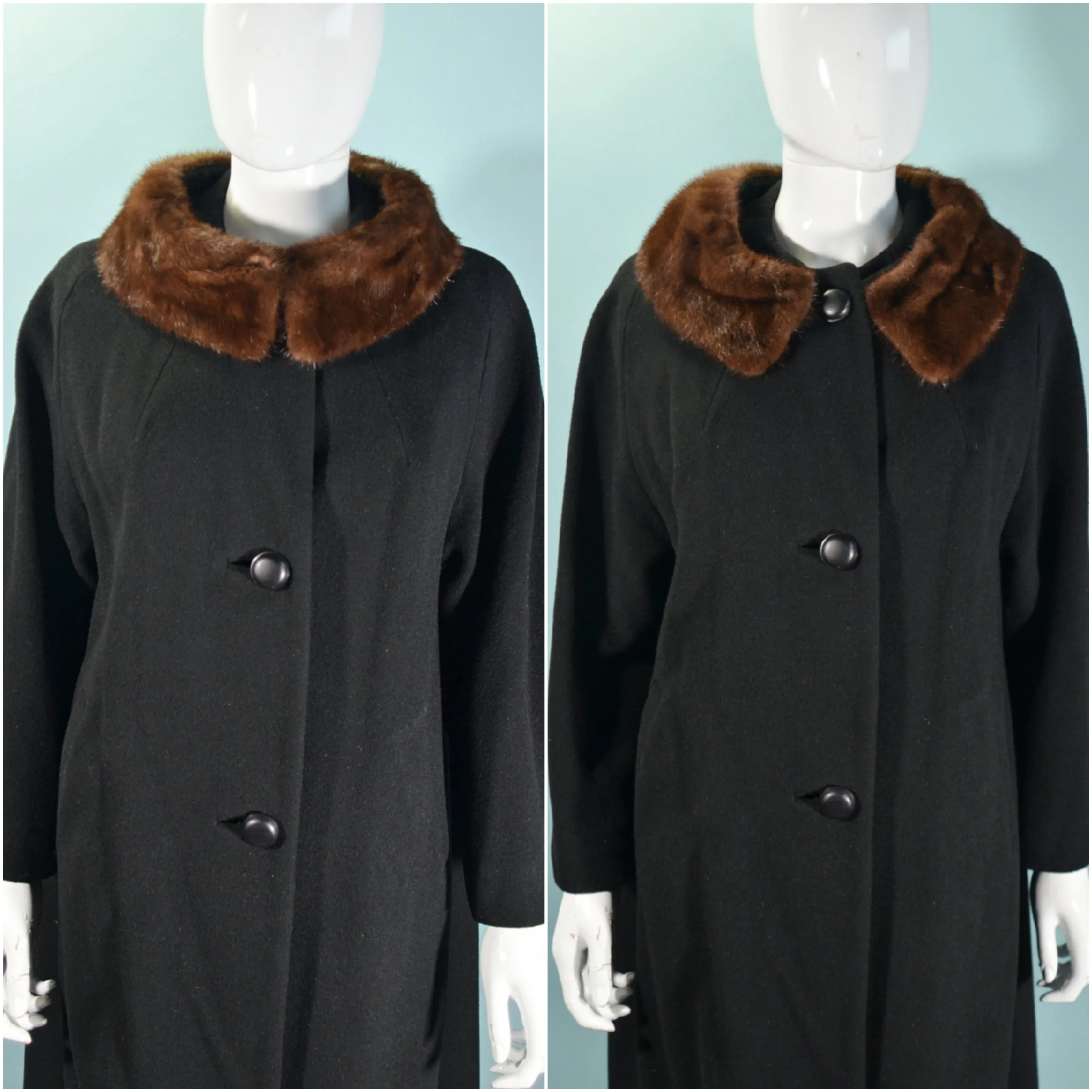 SOLD Vintage 50s/60s Black Wool Coat, Mink Collar Swing Coat