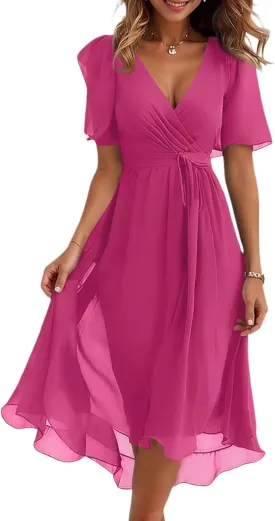 Summer Dresses for Women 2025 Floral Printed Chiffon V Neck Short Sleeve Midi Dress Casual Work A Line Dress
