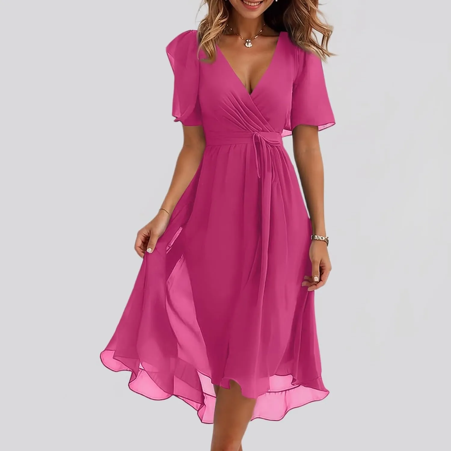 Summer Dresses for Women 2025 Floral Printed Chiffon V Neck Short Sleeve Midi Dress Casual Work A Line Dress