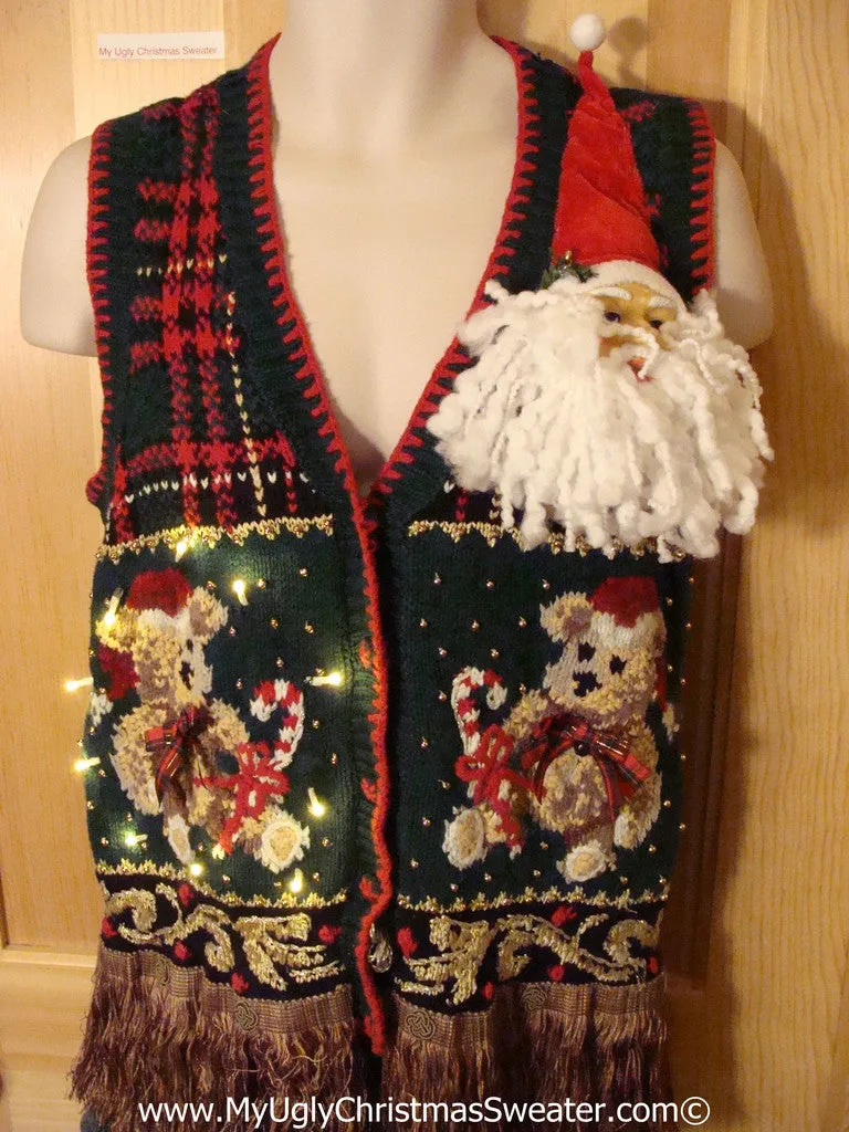 Tacky Ugly Christmas Sweater Vest 80s Bears and 3D Santa with Lights and Fringe (g96)