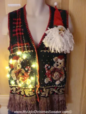 Tacky Ugly Christmas Sweater Vest 80s Bears and 3D Santa with Lights and Fringe (g96)