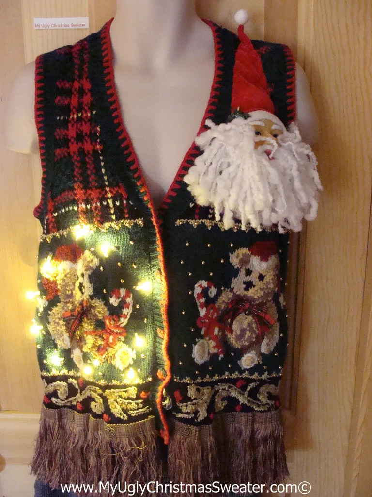 Tacky Ugly Christmas Sweater Vest 80s Bears and 3D Santa with Lights and Fringe (g96)