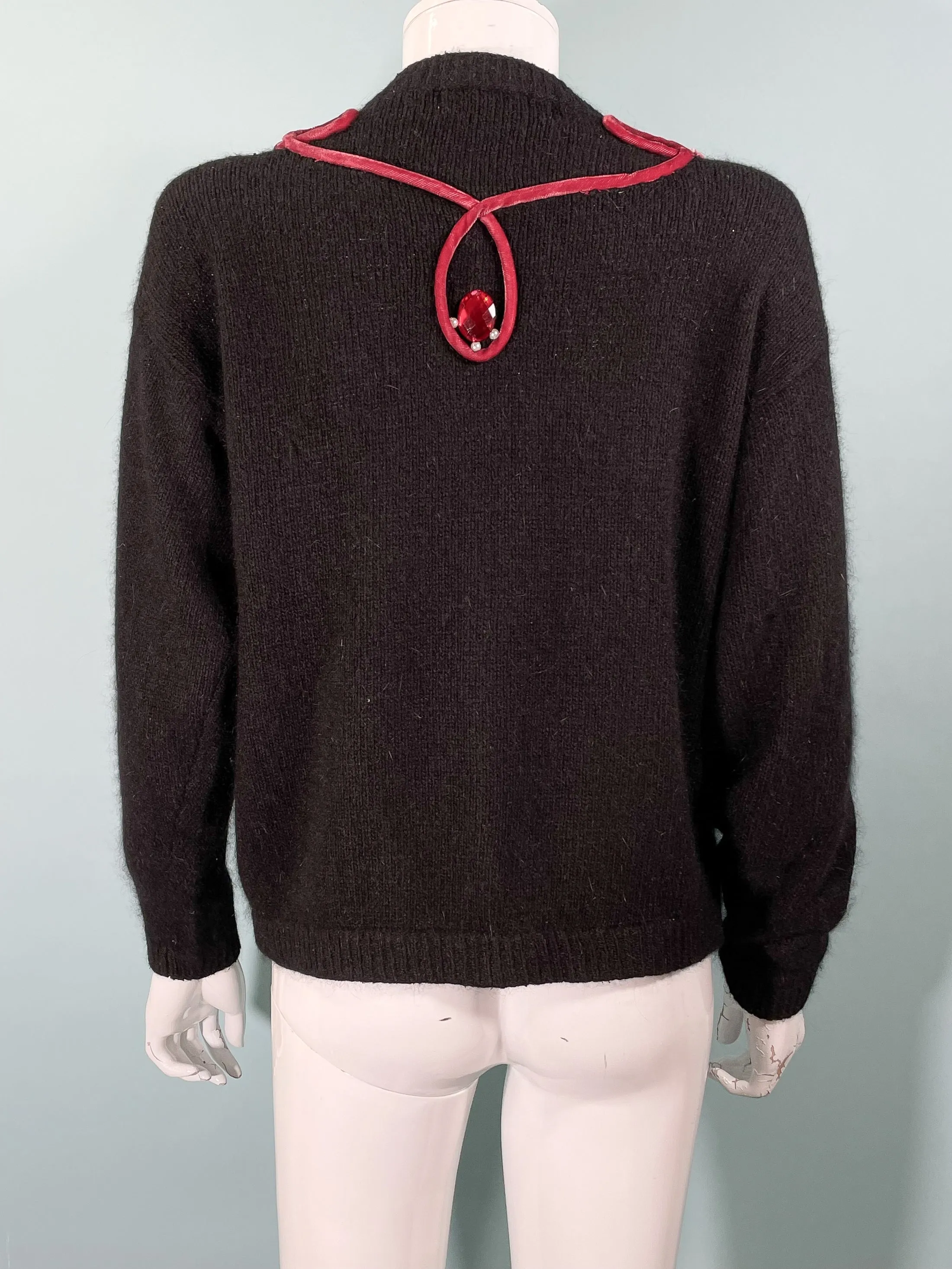 Tony Lambert Bejeweled Velvet Trim Cardigan Sweater, Black Angora/Wool/Silk Sweater S/M